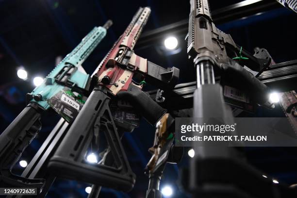 Black Rain Ordnance AR-15 style modern sporting rifles are displayed during the National Rifle Association Annual Meeting at the George R. Brown...