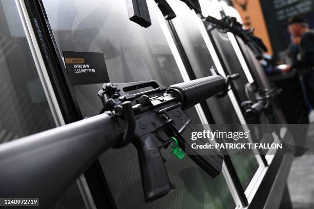 Stag Arms retro AR-15 style semi-automatic 5.56mm rifle is displayed during the National Rifle Association Annual Meeting at the George R. Brown...