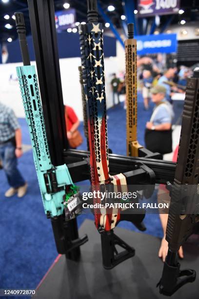 Black Rain Ordnance AR-15 style modern sporting rifles are displayed during the National Rifle Association Annual Meeting at the George R. Brown...