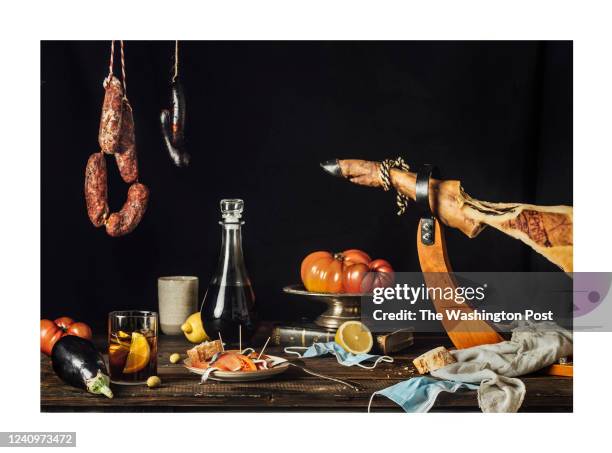 Still life portraying spanish tapas in times of COVID inspired by "Still Life with Vessels", by Juan de Zurbaran and Juan Sánchez Cotáns Still Life...