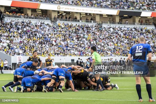 Players from Saitama Wild Knights' and Tokyo Sungoliath pack a scrum during the Japan Rugby League One final between Tokyo Sungoliath and Saitama...
