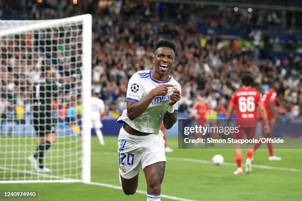 Vinicius Junior of Real Madrid celebrates after scoring their 1st goal during the UEFA Champions League final match between Liverpool FC and Real...