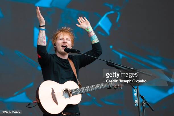 Ed Sheeran performs on the Main Stage at War Memorial Park on May 28, 2022 in Coventry, England.