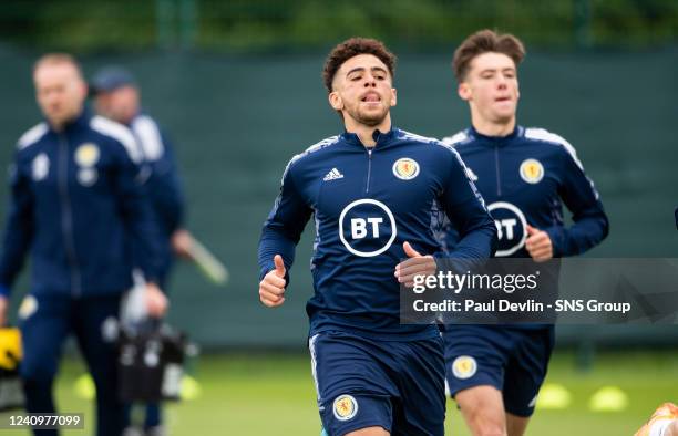 Che Adams and Aaron Hickey during a Scotland training session at the Oriam, on May 29 in Edinburgh, Scotland.