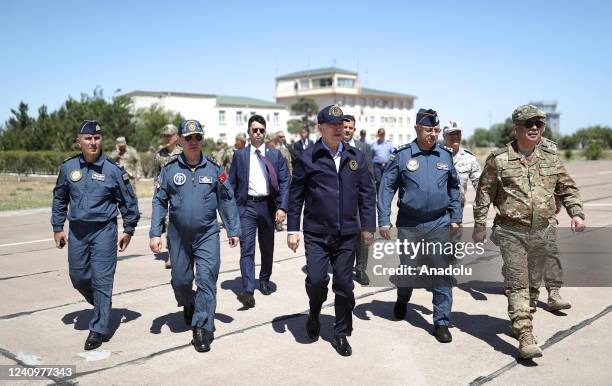 Turkish Defense Minister Hulusi Akar and Azerbaijani Defense Minister Zakir Hasanov visit Tagiyev Air Base in Baku, Azerbaijan on May 29, 2022. Chief...