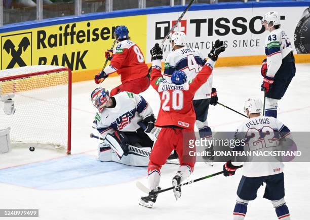 Czech Republic's forward David Pastrnak celebrates his 5-3 goal during the IIHF Ice Hockey World Championships third place play-off match between...