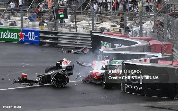 Haas F1 Team's German driver Mick Schumacher crashes during the Monaco Formula 1 Grand Prix at the Monaco street circuit in Monaco, on May 29, 2022.