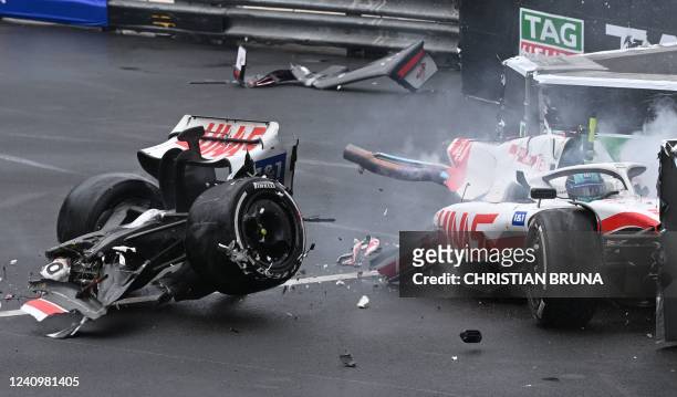 Haas F1 Team's German driver Mick Schumacher crashes during the Monaco Formula 1 Grand Prix at the Monaco street circuit in Monaco, on May 29, 2022.