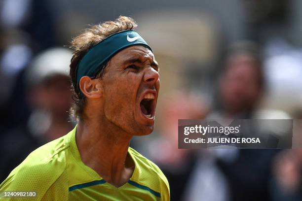 Spain's Rafael Nadal reacts as he plays against Canada's Felix Auger-Aliassime during their men's singles match on day eight of the Roland-Garros...