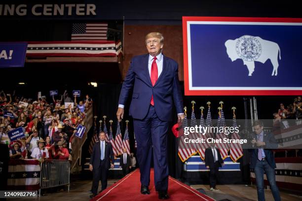 Former President Donald Trump arrives to deliver his speech on May 28, 2022 in Casper, Wyoming. The rally is being held to support Harriet Hageman,...