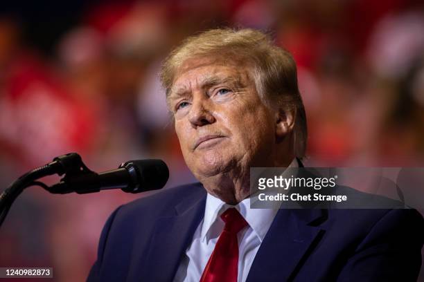 Former President Donald Trump speaks on May 28, 2022 in Casper, Wyoming. The rally is being held to support Harriet Hageman, Rep. Liz Cheneys primary...