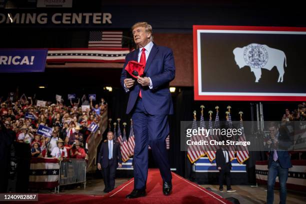 Former President Donald Trump arrives to deliver his speech on May 28, 2022 in Casper, Wyoming. The rally is being held to support Harriet Hageman,...