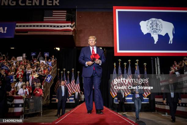 Former President Donald Trump speaks on May 28, 2022 in Casper, Wyoming. The rally is being held to support Harriet Hageman, Rep. Liz Cheneys primary...