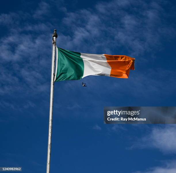 Sligo , Ireland - 28 May 2022; A Irish tri-Colour flutters in the wind during the Tailteann Cup Round 1 match between Sligo and London at Markievicz...