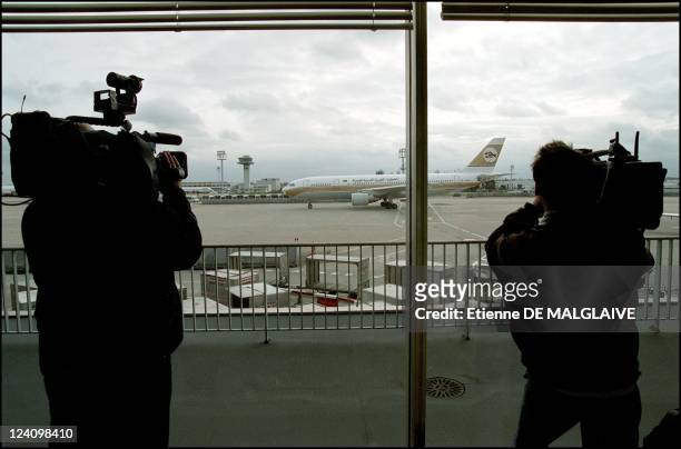 Arrival in France, Seif Al -Islam Gadhafi and Lybian airline resume flights between Paris and Tripoli In Orly, France On February 25, 2002.