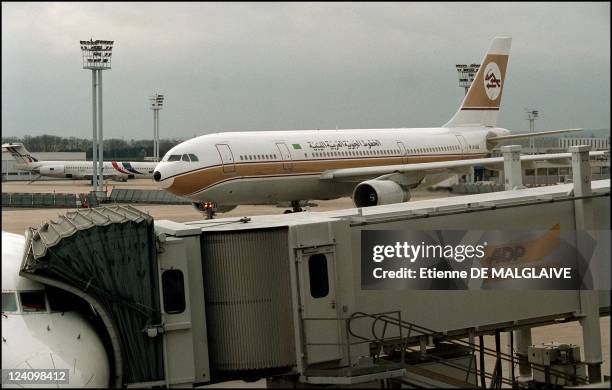 Arrival in France, Seif Al -Islam Gadhafi and Lybian airline resume flights between Paris and Tripoli In Orly, France On February 25, 2002.