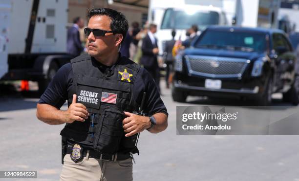 The Secret Service officer standing front of the limousine of US President Joe Biden Robb Elementary School in Uvalde, Texas on May 29, 2022.Nineteen...