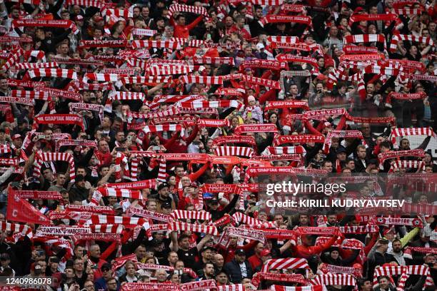 Spartak Moscow's fans react during the Russian Cup final football match between Spartak Moscow and Dynamo Moscow at the Luzhniki stadium on May 29,...
