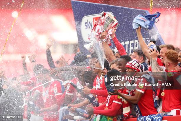 Nottingham Forest lift the Sky Bet Championship Play-Off trophy at full time of the Sky Bet Championship Play-Off Final match between Huddersfield...