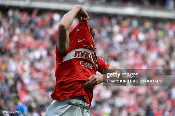 Spartak Moscow's Russian forward Aleksandr Sobolev celebrates after scoring during during the Russian Cup final football match between Spartak Moscow...