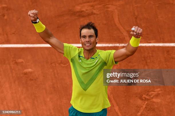 Spain's Rafael Nadal reacts after winning against Canada's Felix Auger-Aliassime at the end of their men's singles match on day eight of the...