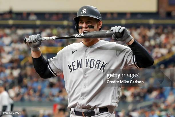 Anthony Rizzo of the New York Yankees reacts after striking out against the Tampa Bay Rays during the third inning at Tropicana Field on May 29, 2022...
