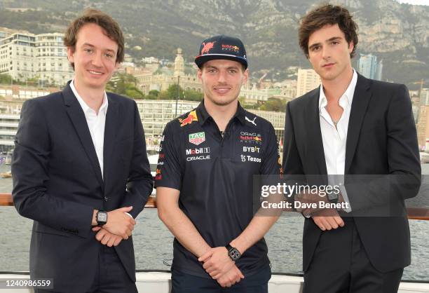 Heuer CEO Frederic Arnault, Red Bull racing driver Max Verstappen and Jacob Elordi celebrate with TAG Heuer at the F1 Monaco Grand Prix on May 28,...