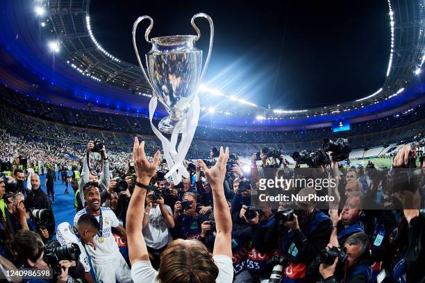 Luka Modric of Real Madridlifts the trophy after winning with his team the UEFA Champions League final match between Liverpool FC and Real Madrid at...
