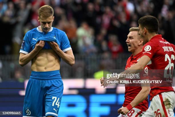 Dynamo Moscow's Russian midfielder Daniil Fomin reacts during the Russian Cup final football match between Spartak Moscow and Dynamo Moscow at the...