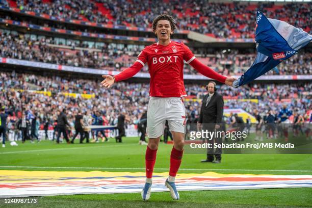 Brennan Johnson of Nottingham Forest celebrates during the Sky Bet Championship Play-Off Final match between Huddersfield Town and Nottingham Forest...