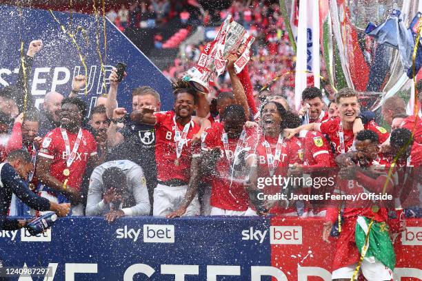 The Nottingham Forest squad celebrate with the trophy during the Sky Bet Championship Play-Off Final match between Huddersfield Town and Nottingham...