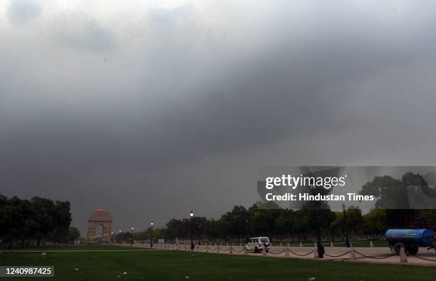 View of India Gate on an overcast day on May 29, 2022 in New Delhi, India.