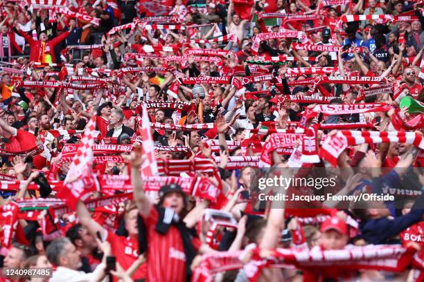 Nottingham Forest fans celebrate victory during the Sky Bet Championship Play-Off Final match between Huddersfield Town and Nottingham Forest at...