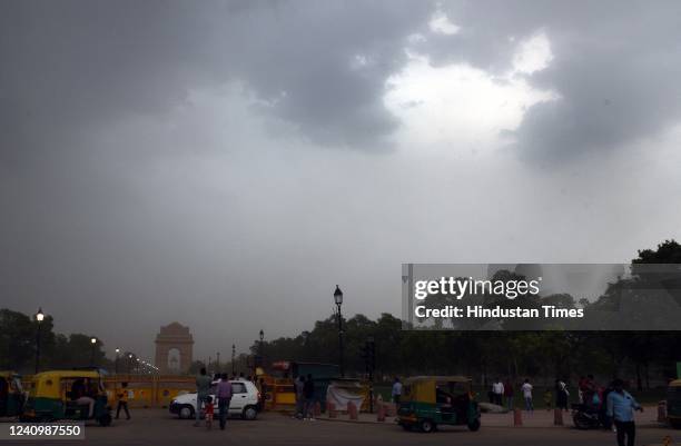 View of India Gate on an overcast day on May 29, 2022 in New Delhi, India.