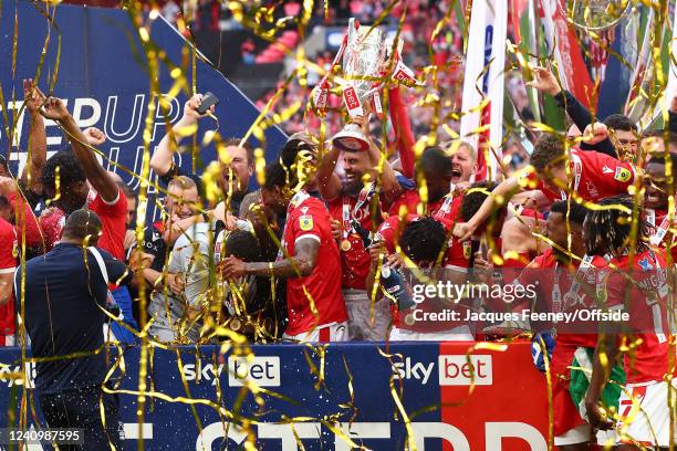 The Nottingham Forest squad celebrate with the trophy during the Sky Bet Championship Play-Off Final match between Huddersfield Town and Nottingham...