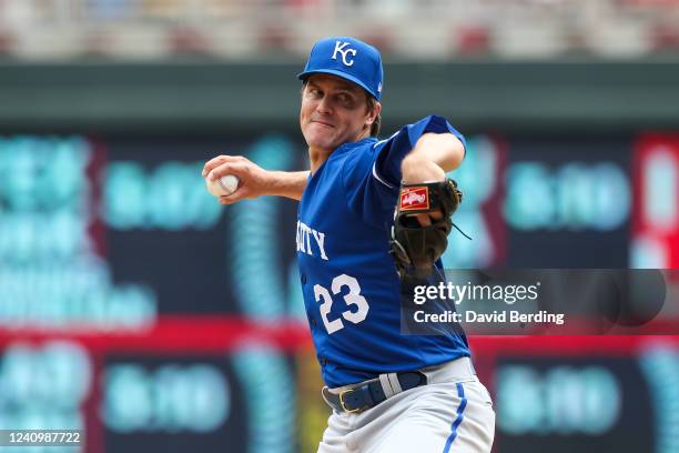 Zack Greinke of the Kansas City Royals delivers a pitch against the Minnesota Twins in the first inning of the game at Target Field on May 29, 2022...