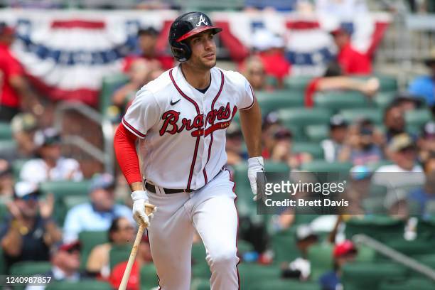 Matt Olson of the Atlanta Braves hits an RBI double against the Miami Marlins in the fifth inning at Truist Park on May 29, 2022 in Atlanta, Georgia.