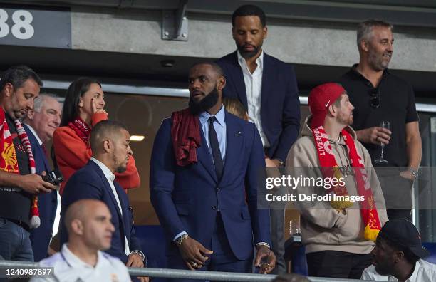 Lebron James looks on during the UEFA Champions League final match between Liverpool FC and Real Madrid at Stade de France on May 28, 2022 in Paris,...