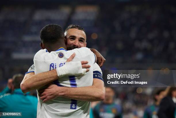 Karim Benzema of Real Madrid CF and David Alaba of Real Madrid CF celebrates after winning the UEFA Champions League after the UEFA Champions League...