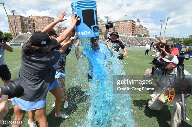 Jenny Levy Head Coach of the North Carolina Tar Heels is showered with powerade after defeating the Boston College Eagles in the Division I Womens...