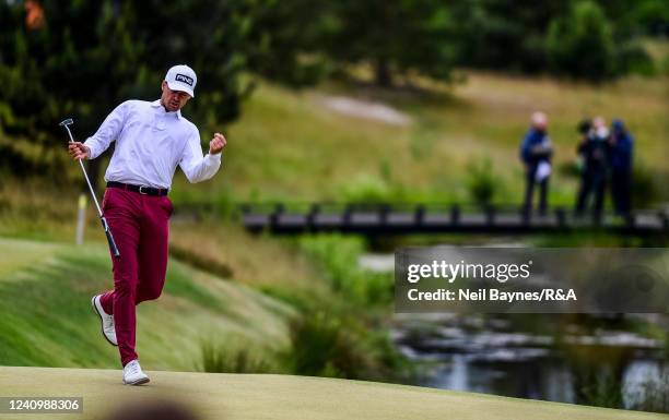 Victor Perez of France celebrates after putting at the 18th hole during Day Four of the Dutch Open 2022 at Bernardus Golf Club on May 29, 2022 in...