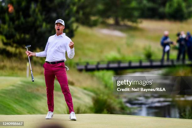 Victor Perez of France celebrates after putting at the 18th hole during Day Four of the Dutch Open 2022 at Bernardus Golf Club on May 29, 2022 in...