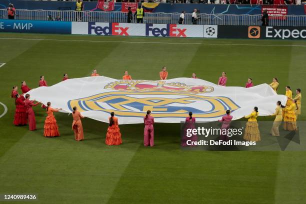 Logo Real Madrid prior to the UEFA Champions League final match between Liverpool FC and Real Madrid at Stade de France on May 28, 2022 in Paris,...