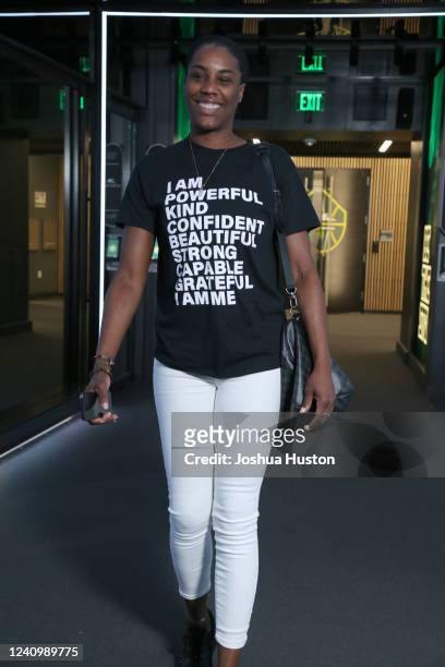 Jantel Lavender of the Seattle Storm arrives to the arena before the game against the New York Liberty on May 29, 2022 at Climate Pledge Arena in...