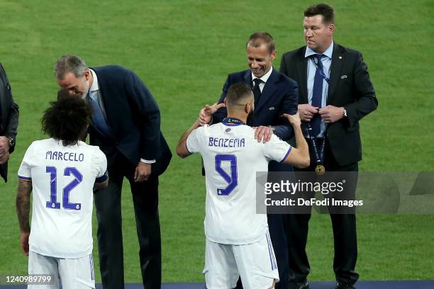 Marcelo of Real Madrid CF, Felipe VI. Koenig von Spanien, Karim Benzema of Real Madrid CF UEFA Boss Aleksander Ceferin gestures after the UEFA...