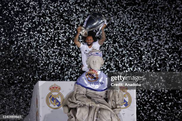 Marcelo Vieira of Real Madrid celebrates during the bus parade after winning the UEFA Champions League final against Liverpool, at Plaza de Cibeles...