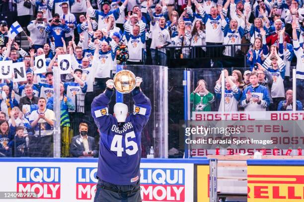 Goalkeeper Jussi Olkinuora of Finland celebrates with fans during the 2022 IIHF Ice Hockey World Championship match between Finland and Canada at...