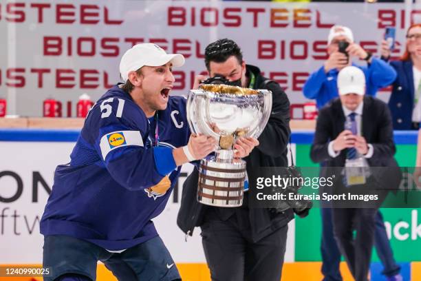 Valtteri Filppula of Finland with trophy during the 2022 IIHF Ice Hockey World Championship match between Finland and Canada at Nokia Arena on May...