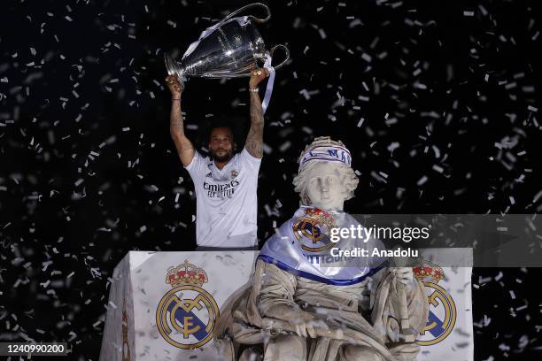 Marcelo Vieira of Real Madrid celebrates during the bus parade after winning the UEFA Champions League final against Liverpool, at Plaza de Cibeles...