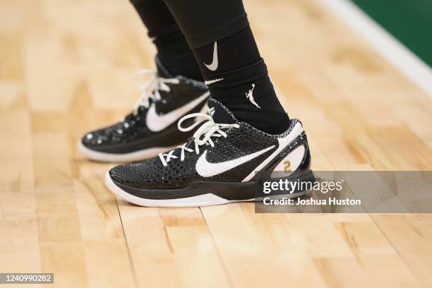 The sneakers worn by Sabrina Ionescu of the New York Liberty before the game against the Seattle Storm on May 29, 2022 at Climate Pledge Arena in...